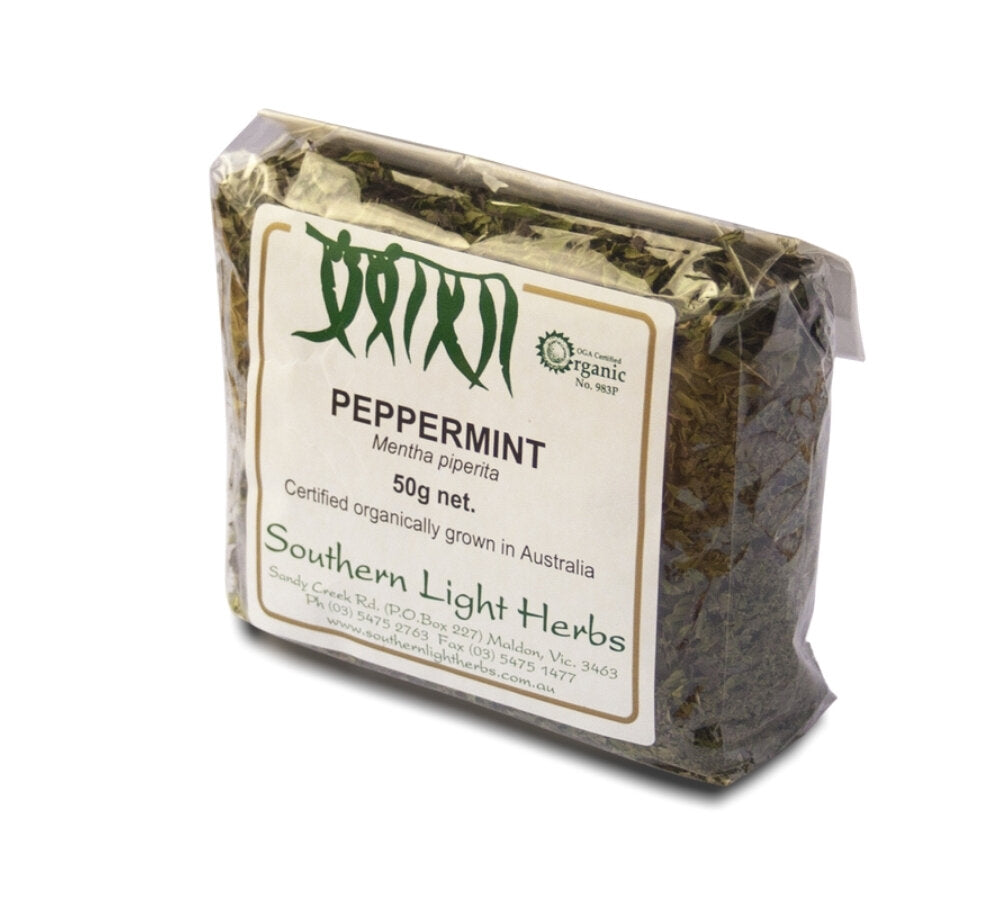 bag of organic peppermint tea grown in australia by southern light herbs