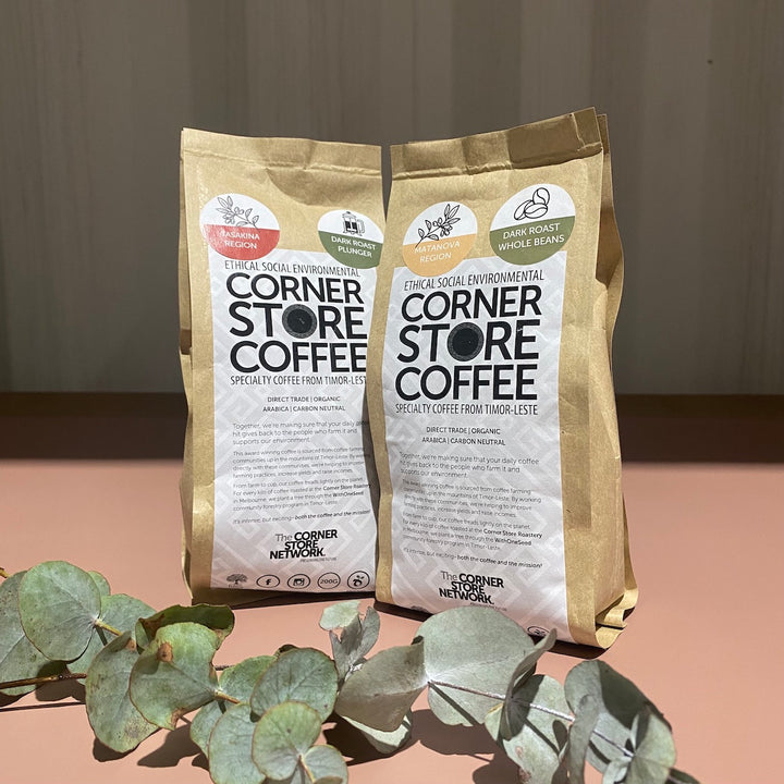 two bags of ethical timor coffee with australian foiliage 