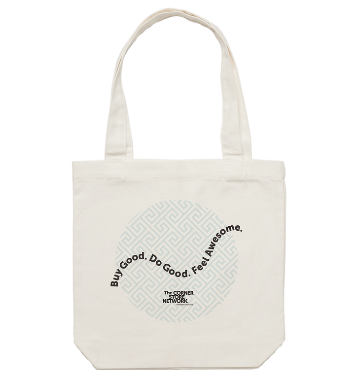 white tote bag made from recycled materials featuring blue and white patterned circle and the words buy good do good feel awesome in wavy black text