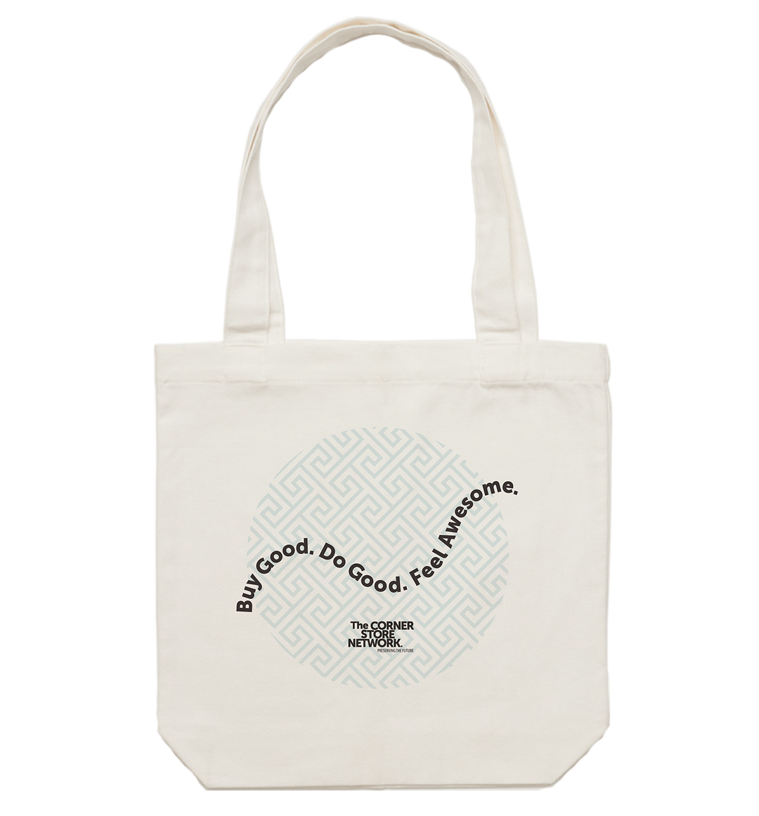 white tote bag made from recycled materials featuring blue and white patterned circle and the words buy good do good feel awesome in wavy black text