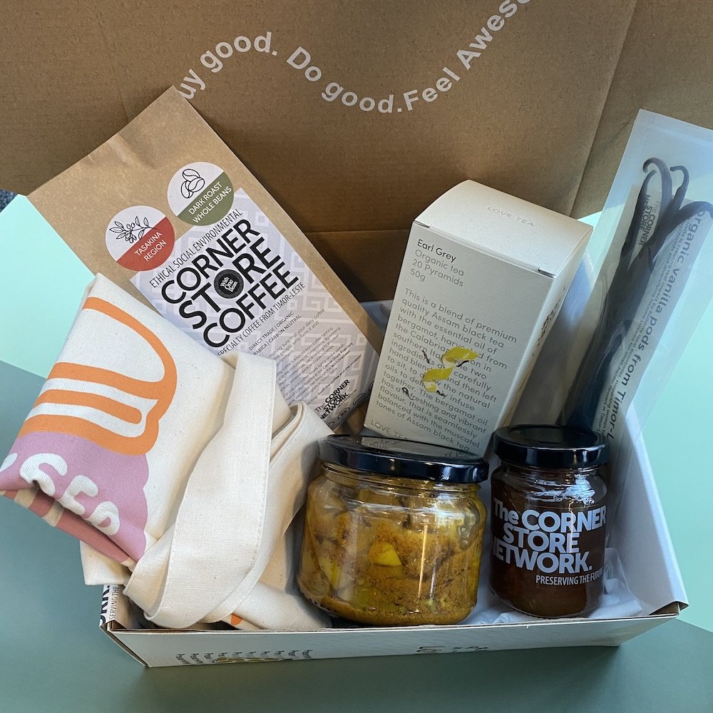 ethical sustainable melbourne gift box with jam, pickles, coffee, tea, vanilla and tote bag