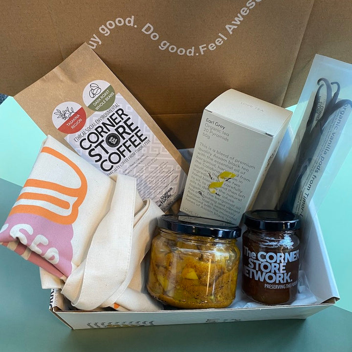 ethical sustainable melbourne gift box with jam, pickles, coffee, tea, vanilla and tote bag
