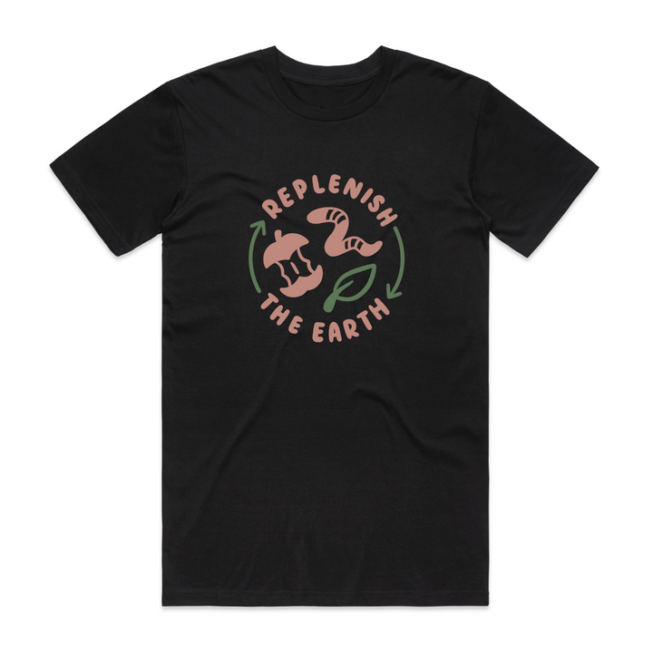 black organic cotton shirt with cute pink and green design saying replenish the earth around an apple, worm and leaf