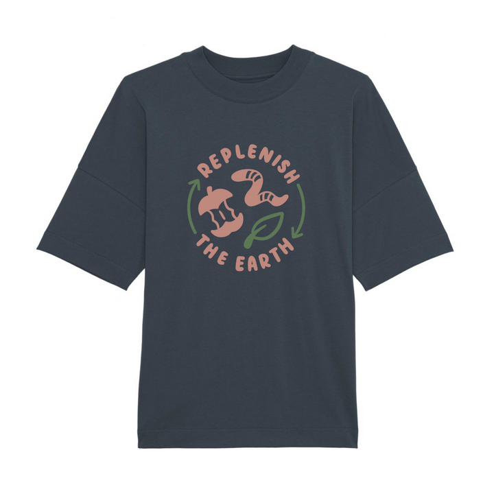 oversized grey organic cotton shirt with cute pink and green design saying replenish the earth around an apple, worm and leaf