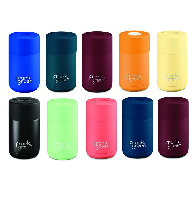 frank green ceramic reusable cups in an assortment of colours