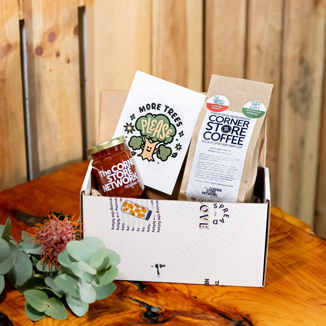 ethical sustainable gift box with jam, coffee and a tree planted