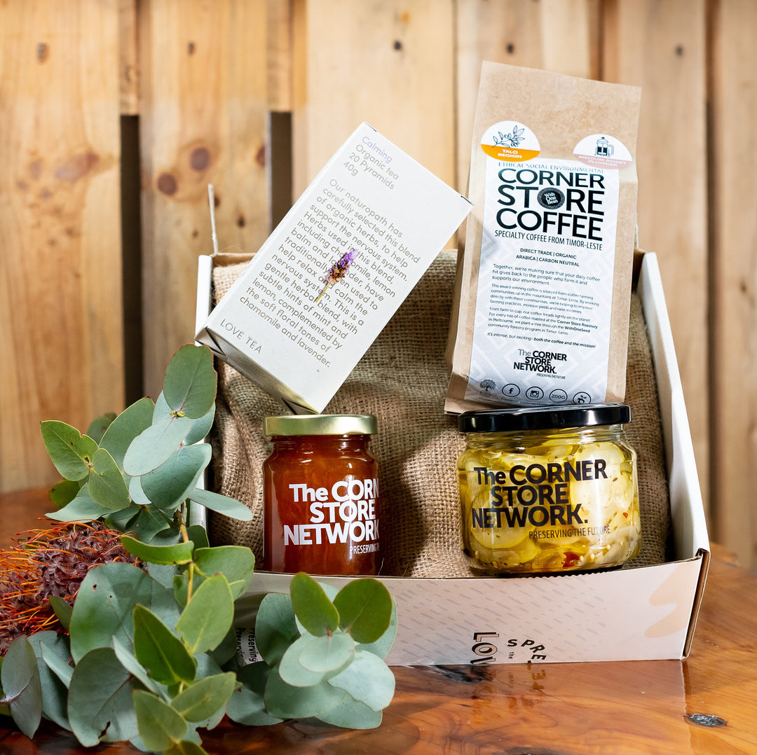 ethical sustainable melbourne gift box with jam, pickles, coffee and tea