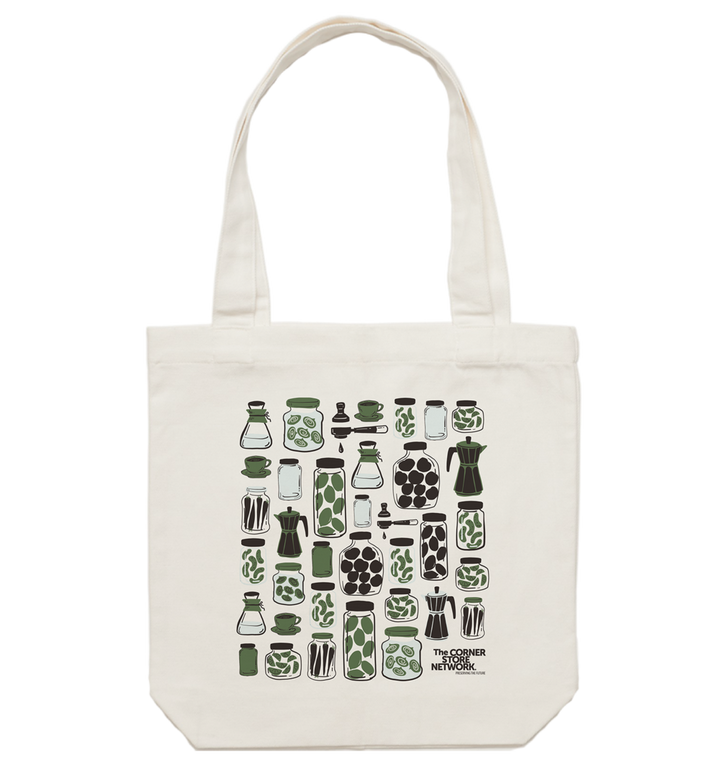 white tote bag made from recycled materials featuring green, black and baby blue illustrated design showing various filled jars and coffee equipment