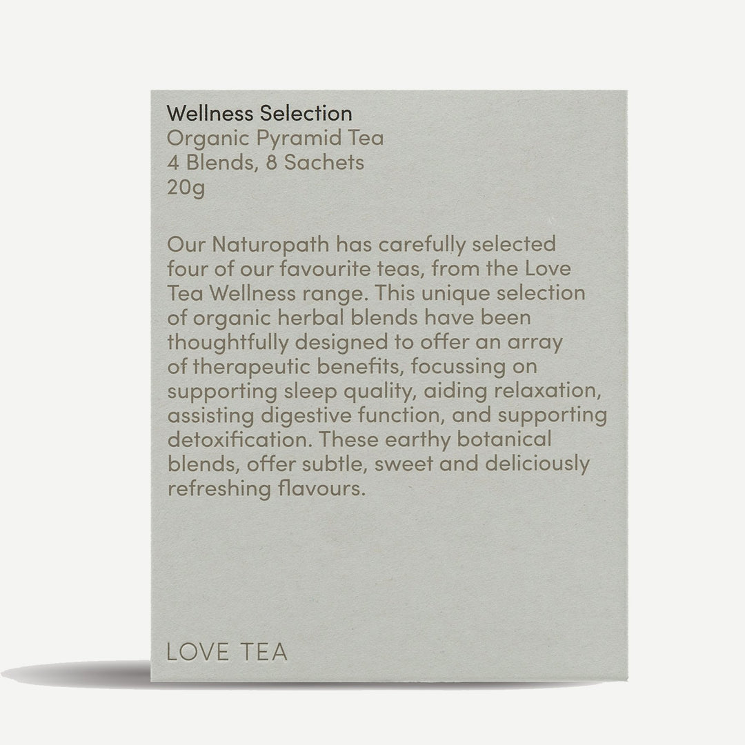 love tea sampler box with organic wellness tea bags inside