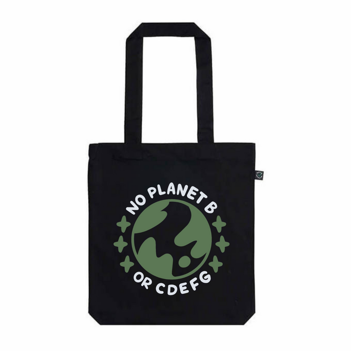 organic black cotton tote with blue and green design saying no planet b or cdefg surrounding planet earth