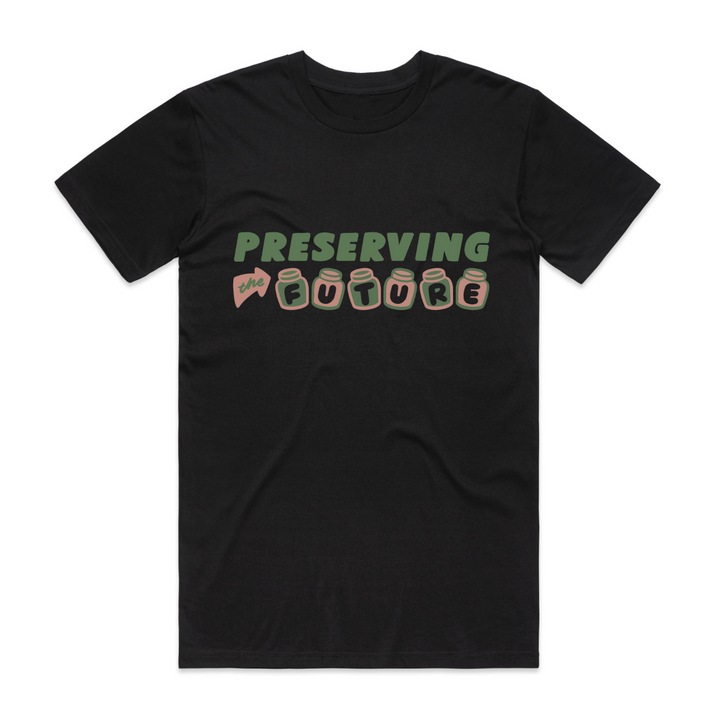 black organic cotton shirt with pink and green design saying preserving the future