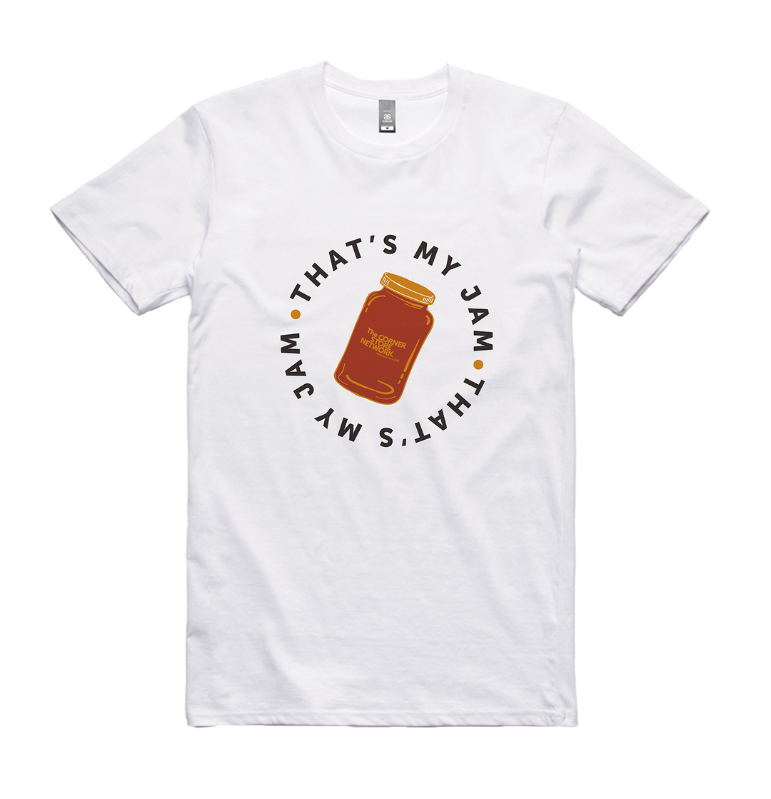 white organic cotton tee featuring illustrated design of a red jar with the words that’s my jam circling it