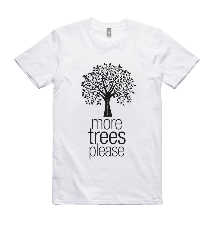 white organic cotton tee featuring a black illustrated design of a tree with the words more trees please underneath