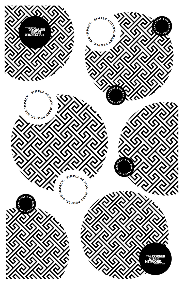 flat lay of tea towel design, featuring black and white patterned circles amongst other circles housing the worlds simple action many people big impact