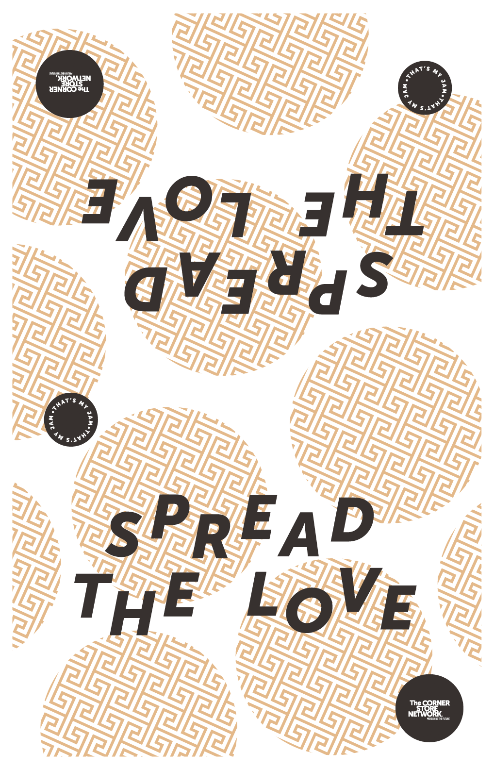 flat lay of tea towel design, featuring yellow and white patterned circles with the words spread the love scattered throughout