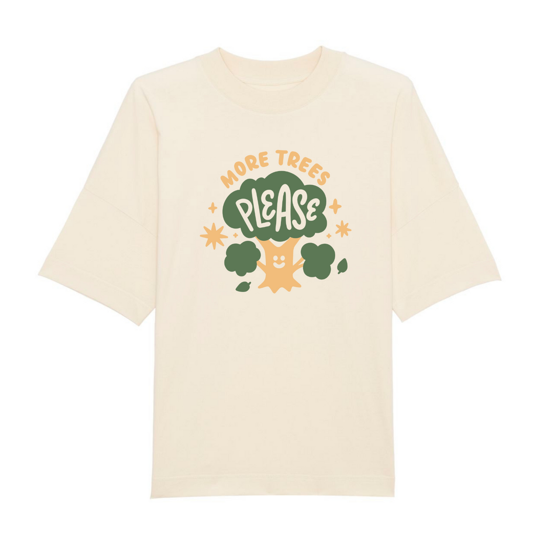 oversized cream organic cotton shirt with cute cream and green design showing a smiling tree with words more trees please