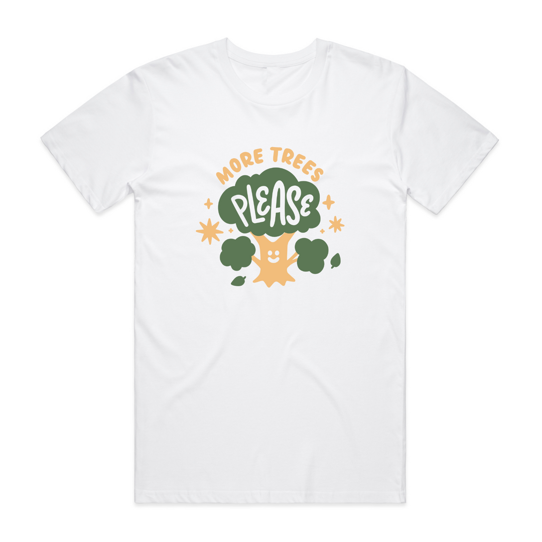 white organic cotton shirt with cute cream and green design showing a smiling tree with words more trees please