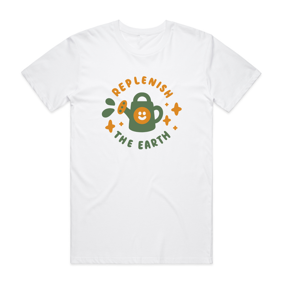 white organic cotton shirt with cute orange and green design of smiling watering can saying replenish the earth