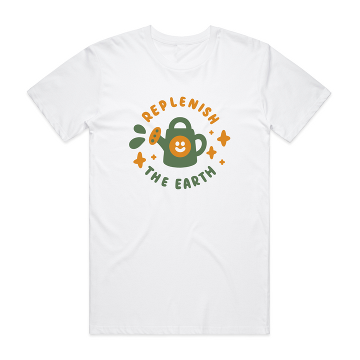 white organic cotton shirt with cute orange and green design of smiling watering can saying replenish the earth
