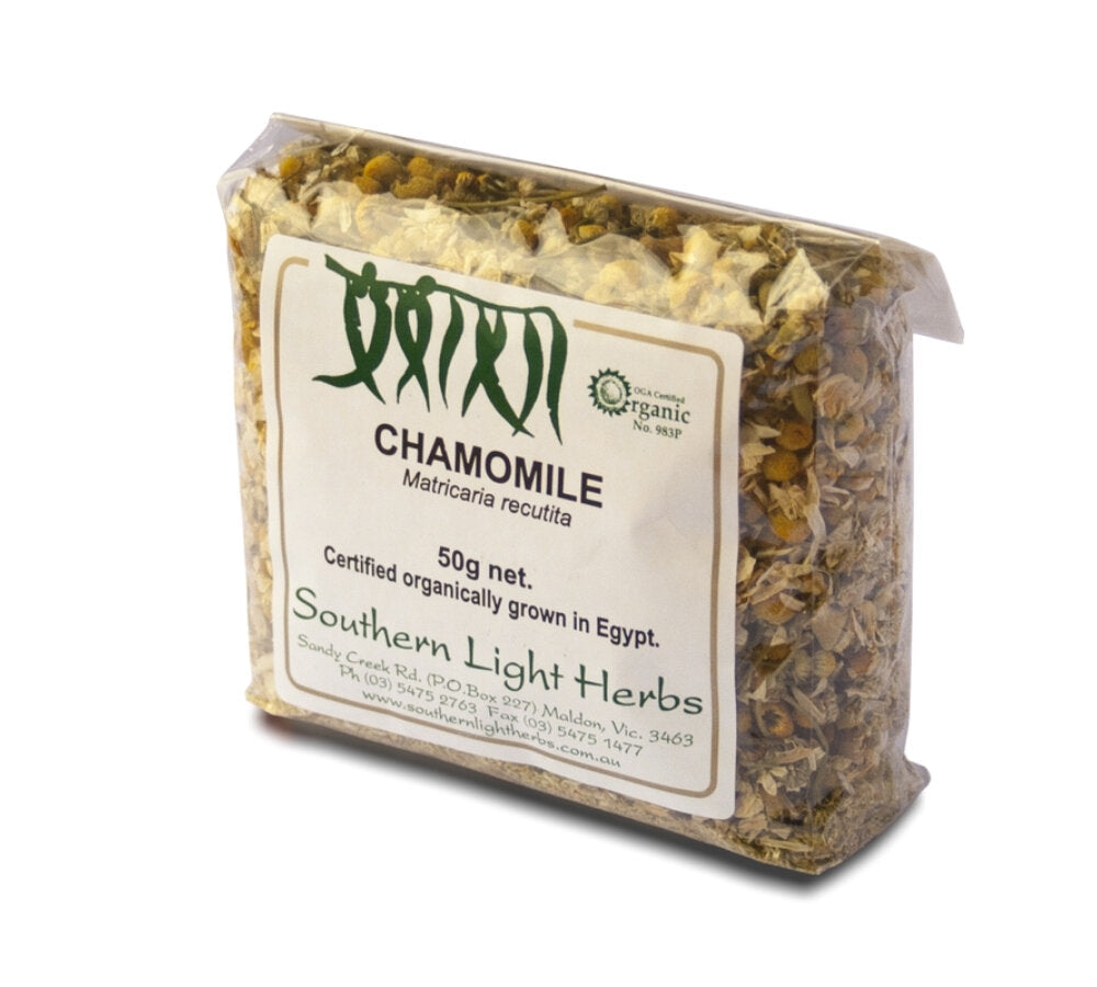 box of organic chamomile tea grown in australia by southern light herbs