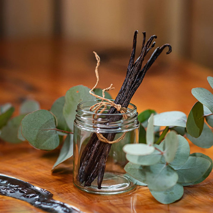 organic timorese vanilla beans tied together on timber table in front of foliage